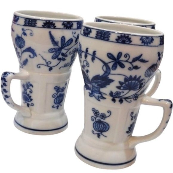 Vienna Woods Vintage Fine China Sundae/Soda Mugs‎ Blue White Onion Pattern Set 3 - Picture 3 of 11